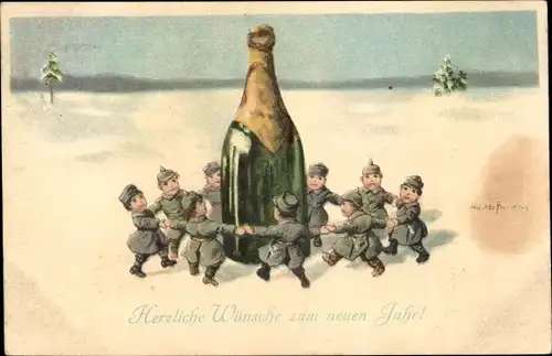 Künstler Ak Hoffmann, Ad., Glückwunsch Neujahr, deutsche Soldaten tanzen um eine Sektflasche, I. WK