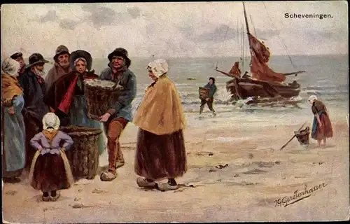 Künstler Ak Gerstenhauer, J. G., Scheveningen Den Haag Südholland, Fischerfamilie, Seeufer, Boot
