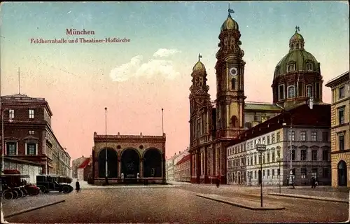 Ak München Bayern, Feldherrnhalle und Theatinerkirche