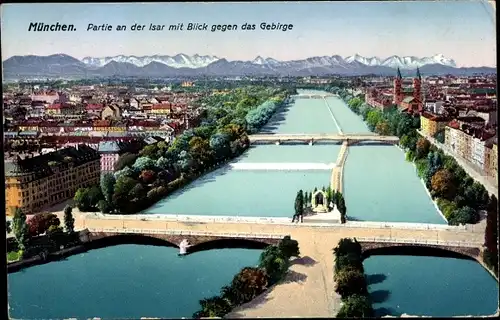 Ak München Bayern, Partie an der Isar mit Blick gegen das Gebirge, Panorama