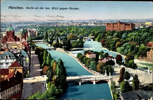 Ak München Bayern, Partie an der Isar mit Blick gegen Norden, Panorama