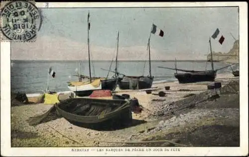 Ak Étretat Seine Maritime, Les Barques de Péche un jour de Fête