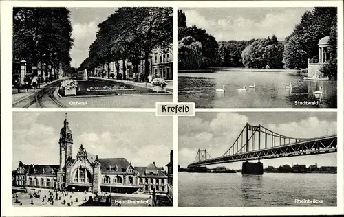 Ak Krefeld am Niederrhein, Ostwall, Stadtwald, Rheinbrücke, Hauptbahnhof