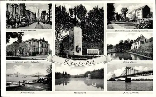 Ak Krefeld am Niederrhein, Rheinstraße, Westwall mit Museum, Rheinsbrücke, Burg Linn, Passagehaus