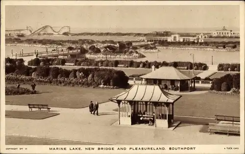 Ak Southport Merseyside England, Marine Lake, New Bridge and Pleasureland