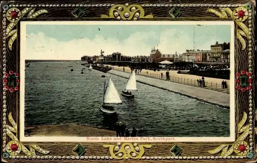 Passepartout Ak Southport Merseyside England, North Lake and Marine Park, Segelboote