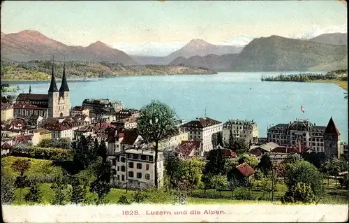 Ak Luzern Stadt Schweiz, Teilansicht der Stadt mit Alpen, Kirche