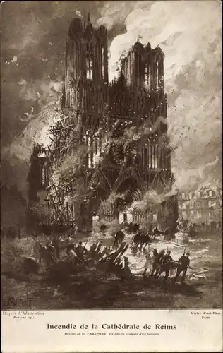 Ak Reims Marne, incendie de la Cathédrale