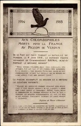 Ak Verdun Meuse, Fort de Vaux, La Plaque eommémorant l'exploit d pigeon voyageur, Brieftaube