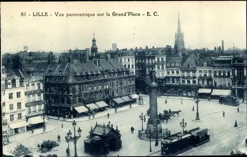 Ak Lille Nord, Vue panoramique sur la Grande Place, tramway