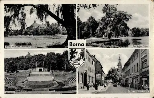 Ak Borna im Kreis Leipzig, Oberschule, Ernst Thälmann Straße, Volksplatz, Wappen