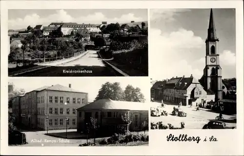 Ak Stollberg im Erzgebirge, Jacobikirche, Kreiskrankenhaus, Alfred Kempe Schule