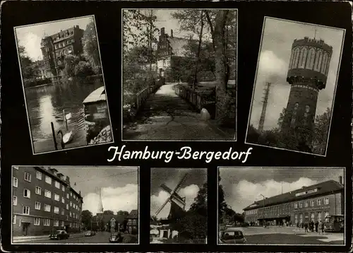 Ak Hamburg Bergedorf, Windmühle, Straßenansichten, Wasserturm, Gebäude