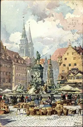 Künstler Ak Schmidt, Franz, Nürnberg in Mittelfranken Bayern, Neptunbrunnen mit Marktplatz