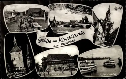 Ak Konstanz am Bodensee, Rheinbrücke, Hafen, Münster, Teilansichten