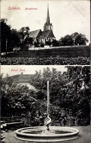 Ak Schleiz im Vogtland Thüringen, Bergkirche, Fürstl. Park, Springbrunnen