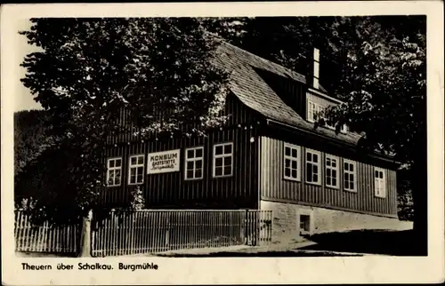 Ak Theuern Schalkau in Thüringen, Burgmühle, Konsum Gaststätte