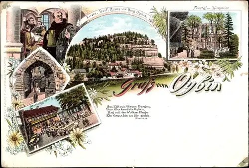 Litho Oybin in Sachsen, Kirche, Dorf, Ruine, Berg Oybin, Friedhof und Kirchruine