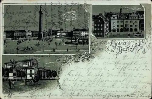 Mondschein Litho Darmstadt in Hessen, Louisenplatz, Monument, Marktplatz, Theater und Kriegerdenkmal