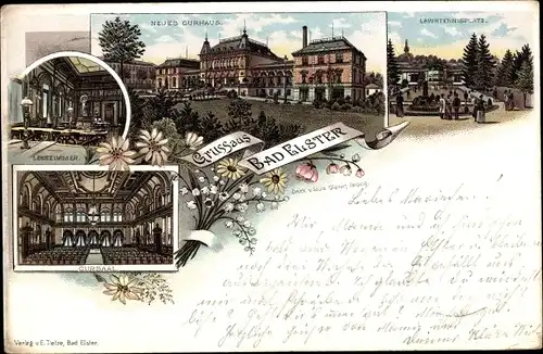 Litho Bad Elster im Vogtland, neues Kurhaus, Lesezimmer, Kursaal