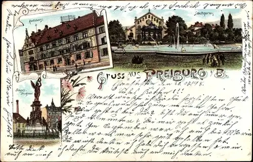Litho Freiburg im Breisgau, Stadtgarten, Rathaus, Denkmal