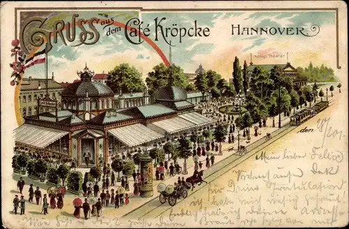 Litho Hannover in Niedersachsen, Café Kröpcke, Straßenbahn, Litfaßsäule, Kutsche