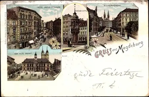 Litho Magdeburg in Sachsen Anhalt, Neue Jacobstraße, Kaiser Otto Denkmal, Wilhelmstraße, Alter Markt