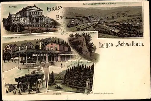 Litho Langenschwalbach Bad Schwalbach im Taunus, Kurhaus, Stahlbrunnen, Waldriese, Weinbrunnen