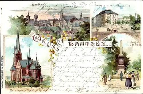 Litho Bautzen Sachsen, Kriegerdenkmal, Hotel Gude, Maria Martha Kirche