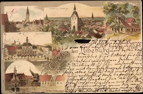 Litho Lüneburg in Niedersachsen, Panorama vom Kalkberge, Marktplatz, Kirche