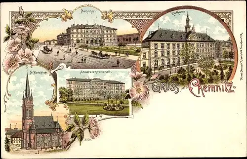 Litho Chemnitz Sachsen, Bahnhof, Rathaus, Staatslehranstalt, St. Nicolaikirche