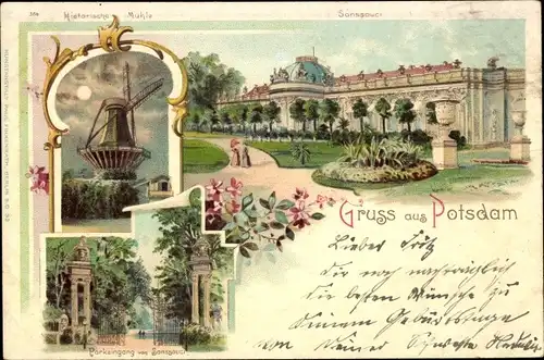 Litho Potsdam in Brandenburg, Schloss Sanssouci, historische Mühle, Parkeingang