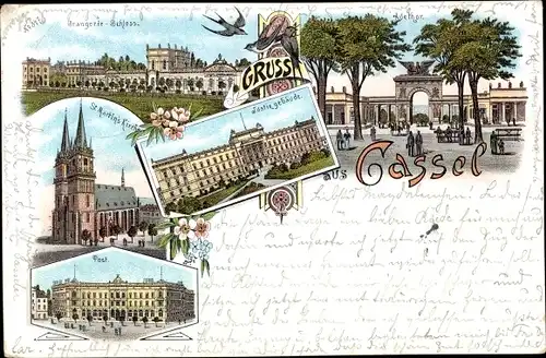 Litho Kassel in Hessen, Orangerie Schloss, St. Martin's Kirche, Post, Justizgebäude