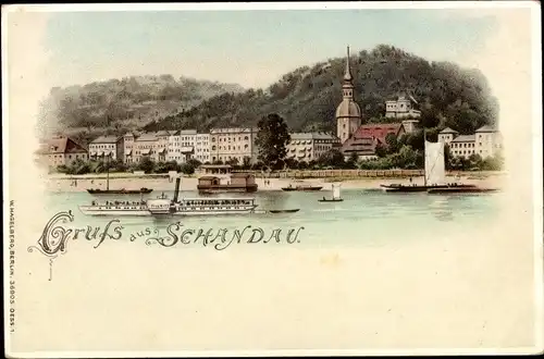 Litho Bad Schandau an der Elbe, Blick auf den Ort, Salondampfer