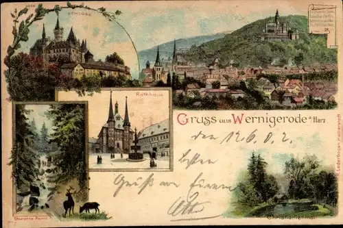 Litho Wernigerode am Harz, Schloss, Rathaus, Steinerne Renne, Totalansicht