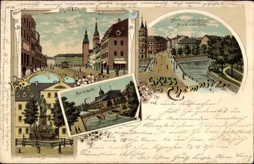 Litho Chemnitz Sachsen, Markt, Nicolaibrücke, Markthalle, Saxonia Brunnen