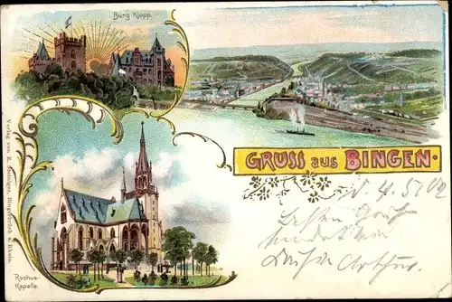 Sonnenschein Litho Bingen am Rhein, Panorama, Burg Klopp, Rochus Kapelle