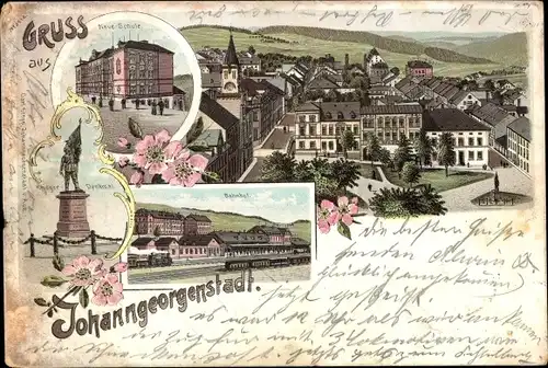 Litho Johanngeorgenstadt im Erzgebirge, Bahnhof, Blick auf den Ort, Neue Schule, Kriegerdenkmal