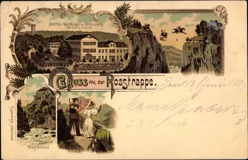 Litho Thale im Harz, Hotel zur Roßtrappe, Winzenburg, Teufelsbrücke, Wanderer, Sprungsage