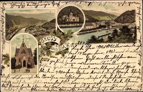 Litho Bad Ems an der Lahn, Engl. Kirche, Kurhaus, Russisch Griechische Kapelle