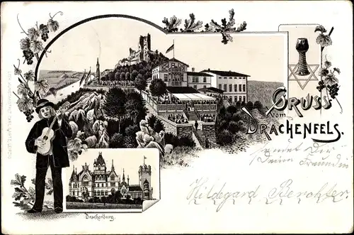 Litho Königswinter am Rhein, Drachenburg, Panorama, Weinglas, Weinreben, Gitarrist