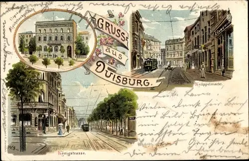 Litho Duisburg im Ruhrgebiet, Knüppelmarkt, Königstraße, Neues Reichsbankgebäude