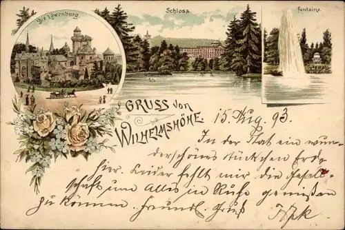 Litho Bad Wilhelmshöhe Kassel in Hessen, Schloss, Fontaine, die Löwenburg