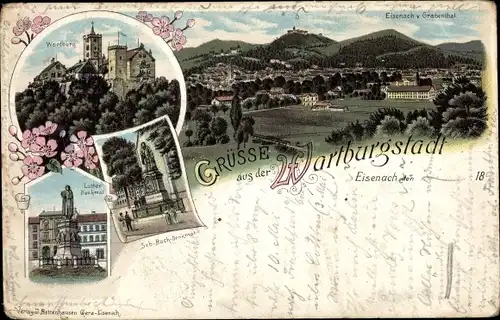 Litho Lutherstadt Eisenach in Thüringen, Panorama, Wartburg, Bach Denkmal, Luther Denkmal