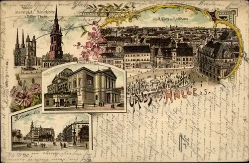 Litho Halle an der Saale, Marktplatz, Marienkirche, Rathaus, Stadttheater, Liebeckplatz