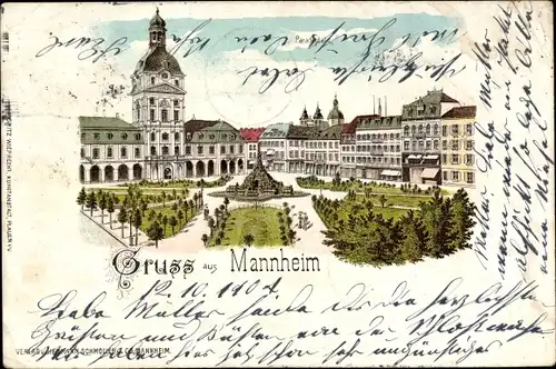 Litho Mannheim in Baden, Partie im Ort, Denkmal, Parkanlage