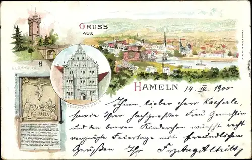 Litho Hameln an der Weser Niedersachsen, Panorama, Klutturm, Rattenfängerhaus, Jesus am Kreuz