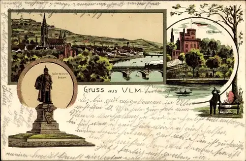 Litho Ulm an der Donau Baden Württemberg, Teilansicht der Stadt, Kaiser Wilhelm I. Denkmal, Villa