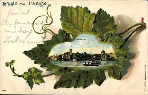 Präge Weinblatt Litho Hamburg Nord Uhlenhorst, Blick vom Wasser aus, Fährhaus