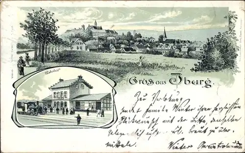 Litho Bad Iburg in Niedersachsen, Totalansicht vom Ort, Bahnhof